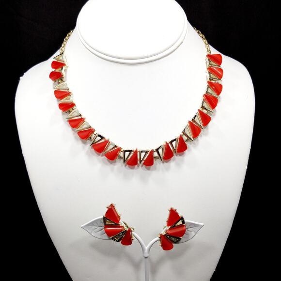 Vintage 1950s Red Thermoset Triangle Necklace & Earrings Jewelry Set - Picture 1 of 10